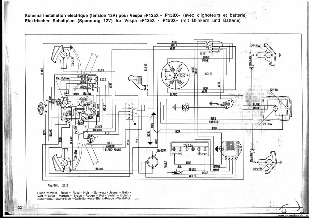 Schaltplan Vespa PX125-150 12Volt mit Blinker und Batterie ...